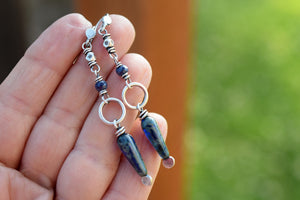 Sapphire Spikes. Hill Tribe Silver Gemstone Dangles. Long Blue Earrings. 7251