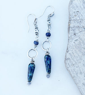 Sapphire Spikes. Hill Tribe Silver Gemstone Dangles. Long Blue Earrings. 7251