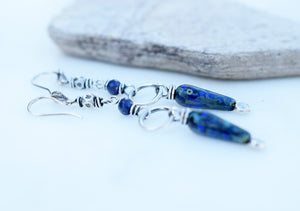 Sapphire Spikes. Hill Tribe Silver Gemstone Dangles. Long Blue Earrings. 7251