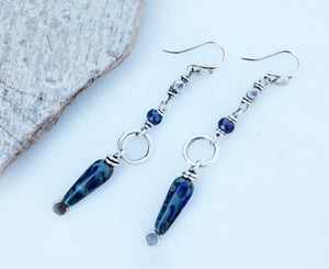 Sapphire Spikes. Hill Tribe Silver Gemstone Dangles. Long Blue Earrings. 7251