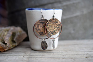 Handmade bohemain style, mixed metal hoop earrings.