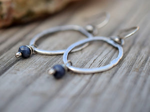Blue Sapphire Gemstone Earrings. Fine Silver Hoops. 3122