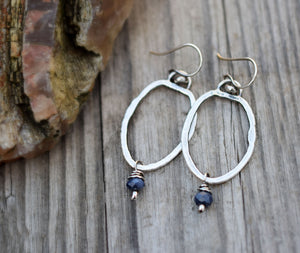 Blue Sapphire Gemstone Earrings. Fine Silver Hoops. 3122