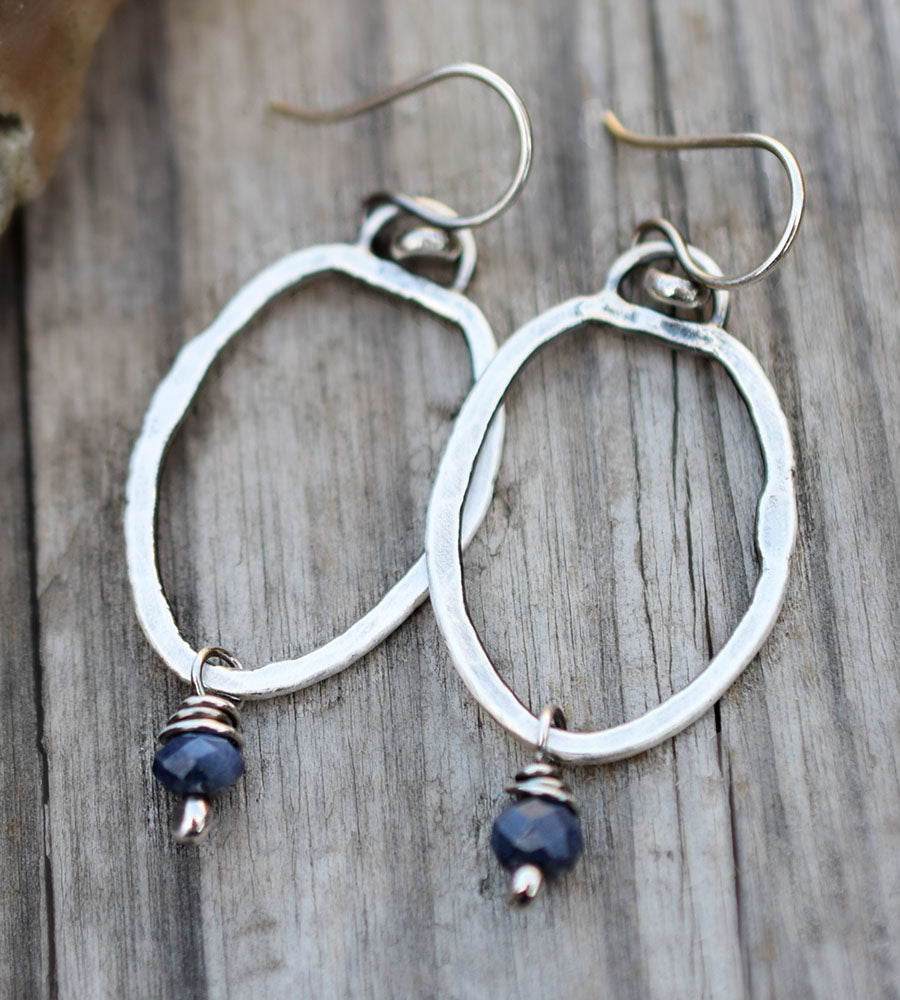 Blue Sapphire Gemstone earrings with fine silver hoops. Handmade Boho Style Jewelry.