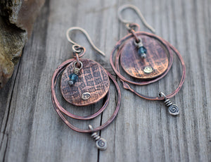 Copper Hoop Earrings w Blue Quartz Gemstones A71462