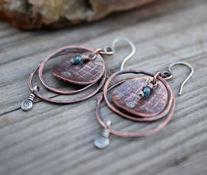 Copper Hoop Earrings w Blue Quartz Gemstones A71462