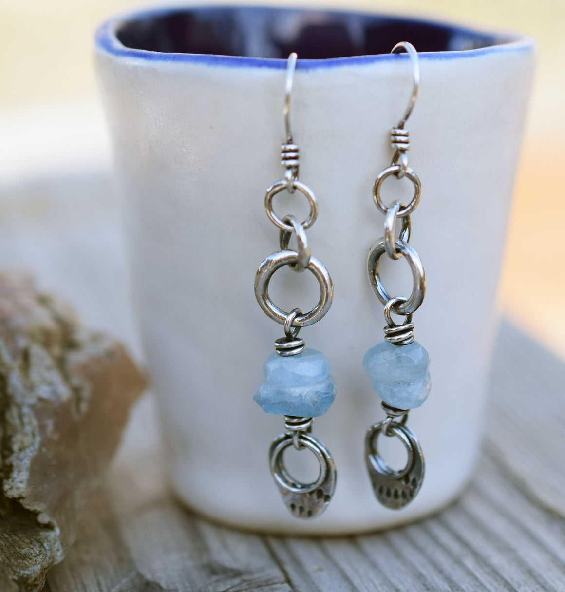 Aquamarine Gemstone Earrings. Fine Silver Hoops. Boho Style Jewelry. 31221