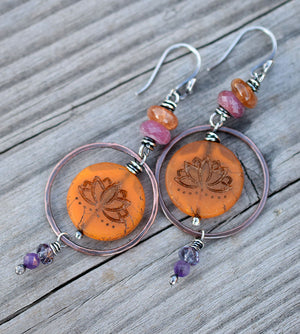 Colorful Bohemian earrings with Gemstones and Lotus Beads. 
