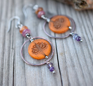 Colorful Bohemian earrings with Gemstones and Lotus Beads. 