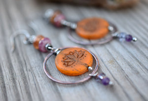 Colorful Bohemian earrings with Gemstones and Lotus Beads. 