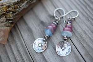 Ruby. Aquamarine. Amethyst. Colorful Gemstone Flower Charm Earrings.