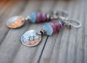 Ruby. Aquamarine. Amethyst. Colorful Gemstone Flower Charm Earrings.