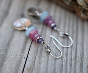 Ruby. Aquamarine. Amethyst. Colorful Gemstone Flower Charm Earrings.