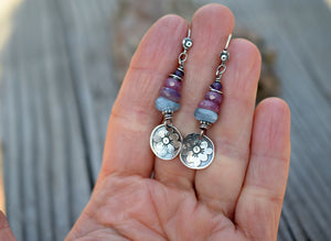 Ruby. Aquamarine. Amethyst. Colorful Gemstone Flower Charm Earrings.