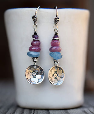 Ruby. Aquamarine. Amethyst. Colorful Gemstone Flower Charm Earrings.