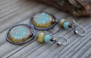 Blue Lotus Boho Hoop Earrings. Green Garnet. Blue Amazonite Hoops. Bohemian Feminine Rustic Copper Hoop Earrings.