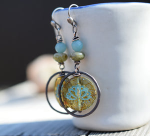 Blue Lotus Boho Hoop Earrings. Green Garnet. Blue Amazonite Hoops. Bohemian Feminine Rustic Copper Hoop Earrings.