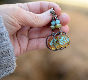 Blue Lotus Boho Hoop Earrings. Green Garnet. Blue Amazonite Hoops. Bohemian Feminine Rustic Copper Hoop Earrings.
