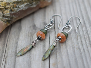 Boho Style Earrings with Gemstones. Sunny Orange Oregon Sunstone. Green Jade.