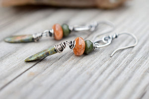 Boho Style Earrings with Gemstones. Sunny Orange Oregon Sunstone. Green Jade.