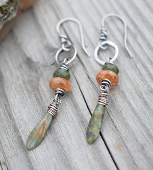 Boho Style Earrings with Gemstones. Sunny Orange Oregon Sunstone. Green Jade.