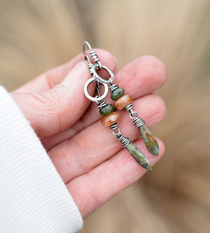 Boho Style Earrings with Gemstones. Sunny Orange Oregon Sunstone. Green Jade.