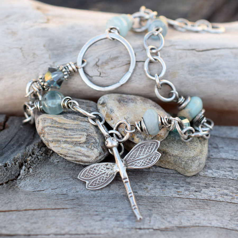 Blue Gemstone Beaded Chain. Aquamarine. DragonFly Silver Chain Necklace. Kyanite. Jasper. Fluorite. Hill Tribe Silver.