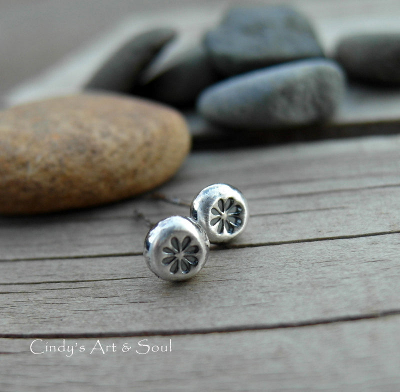 Silver Nugget Post Earrings Tiny Flower Post Earrings Silver Stud 72386