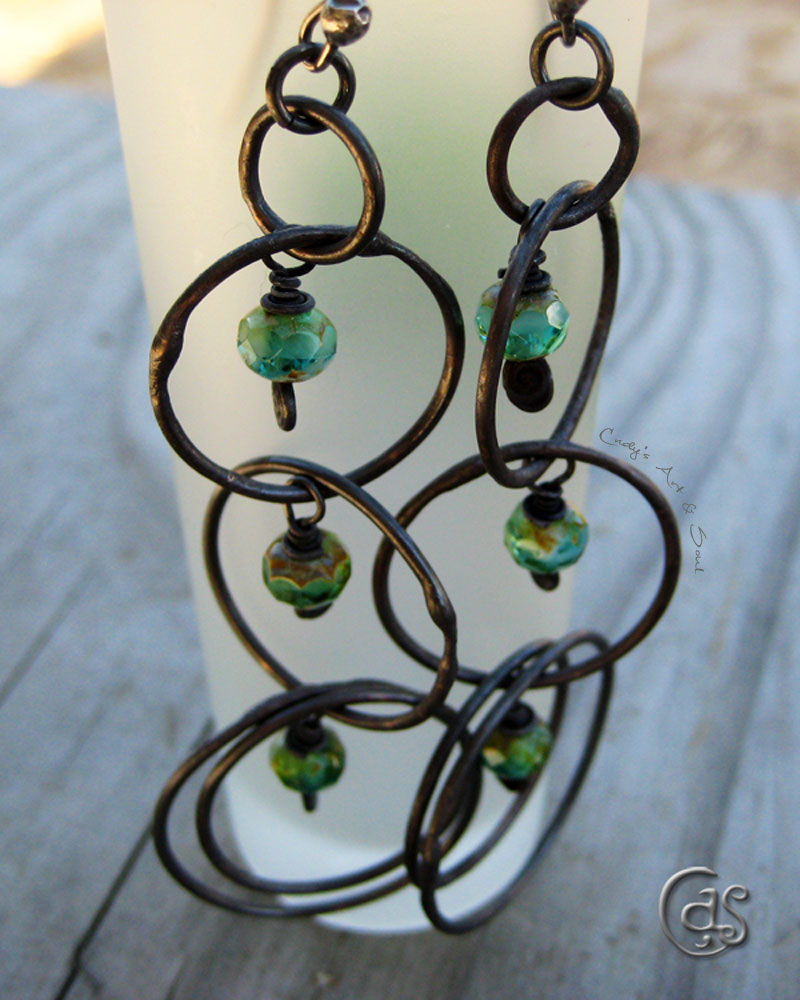 Copper Long Hoop Earrings Green Glass. Handmade Oxidized Pure Metal Cascading Hoops.