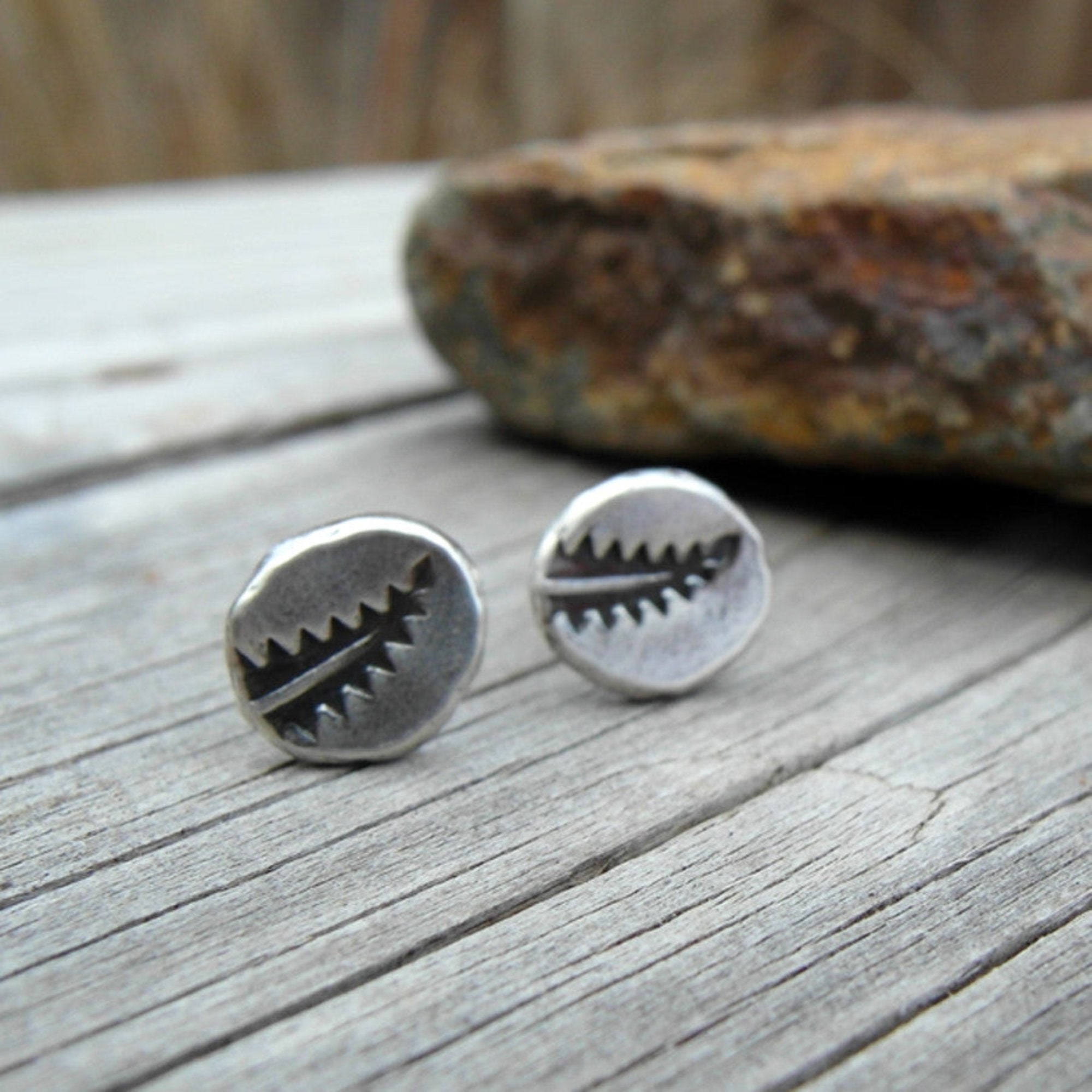Silver Nugget Post Earrings. Leafy Fern Nature Jewelry.