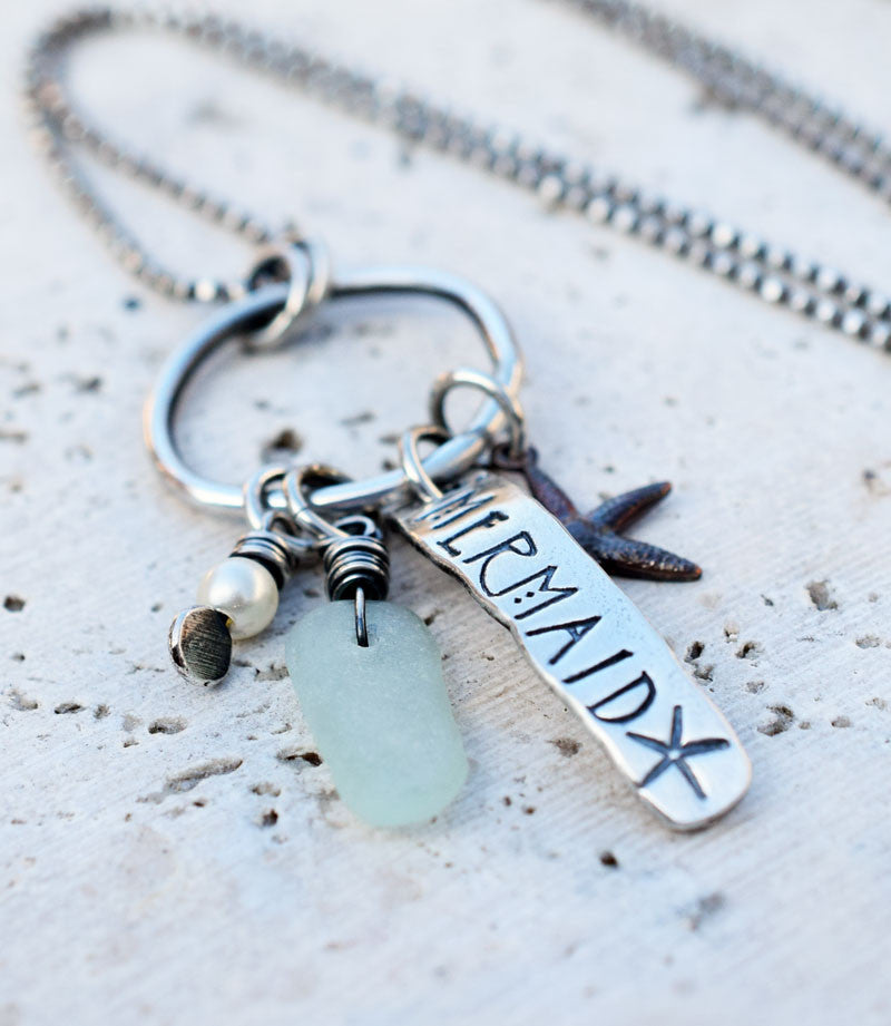 Personalized Sea Glass and Mermaid Necklace. Boho Jewelry. 