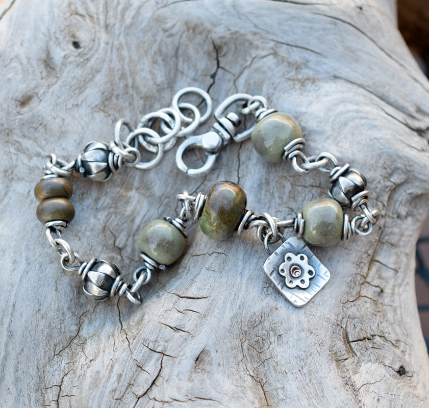 Olive Beaded Bracelet Gemstones + Hill Tribe Silver