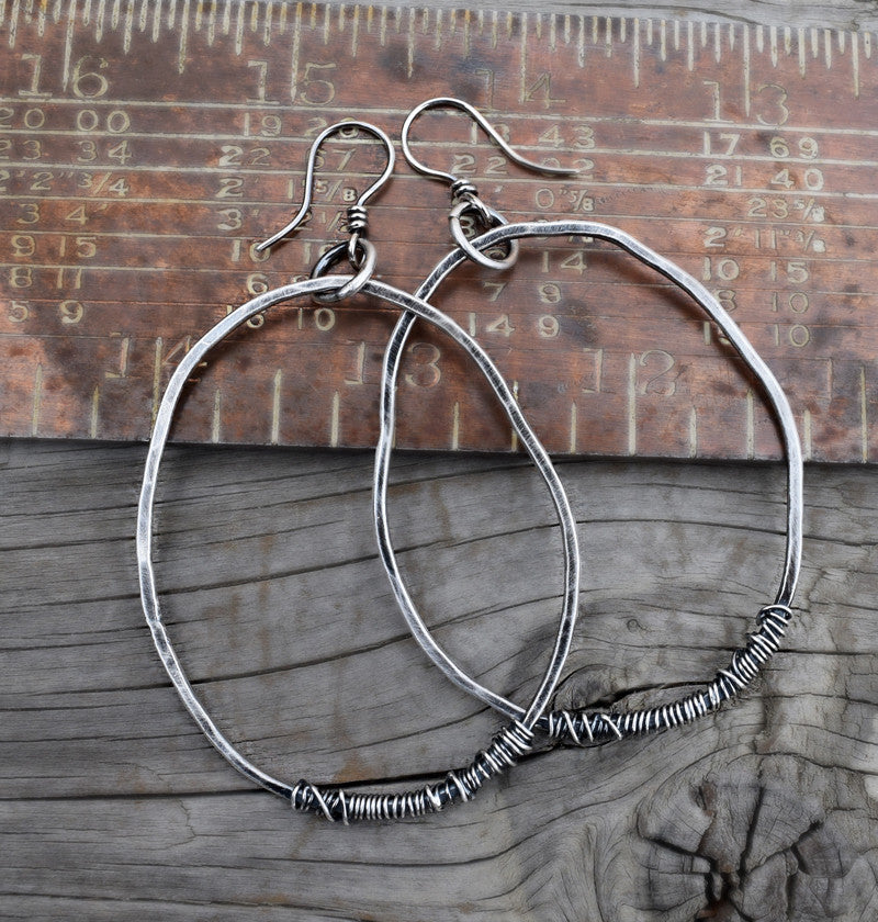 Fine Silver Large Hoop Earrings, Hammered Wire Wrapped Oxidized Hoops