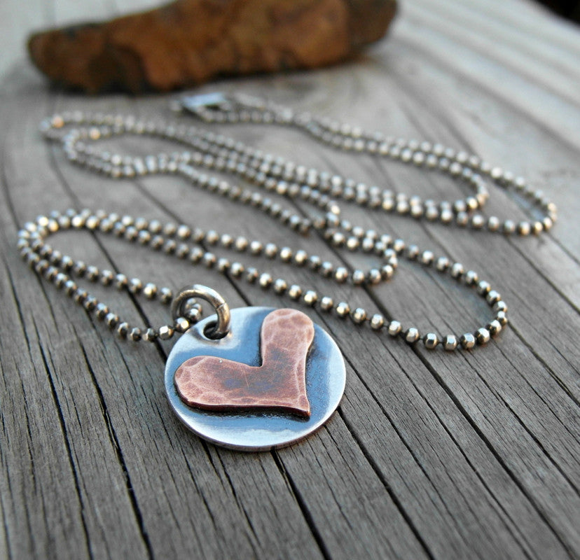 Layered Heart Charm, Oxidized Copper and Sterling Silver