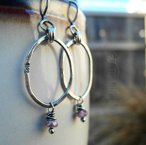 Amethyst Spinel Gemstone Earrings Silver Hoops