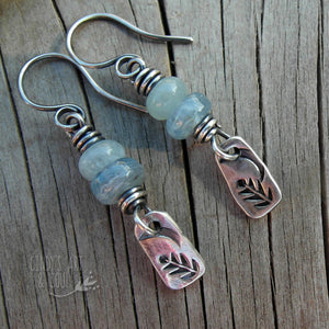 Crescent Moon Earrings Boho Gemstone Earrings Blue Aquamarine and Kyanite Gemstone Earrings w Silver Tree Charms