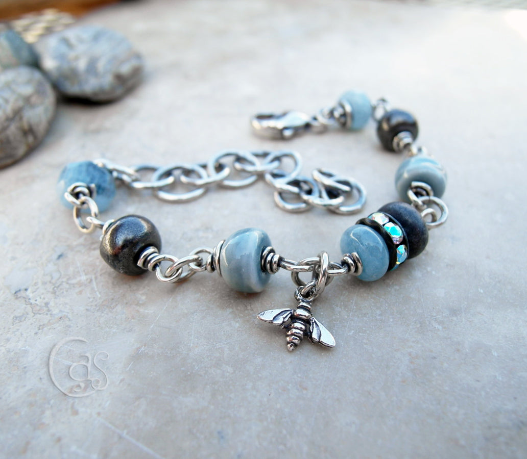 Blue Aquamarine Honey Bee Bracelet. Gemstones and Porcelain, all Silver Jewelry. 45181