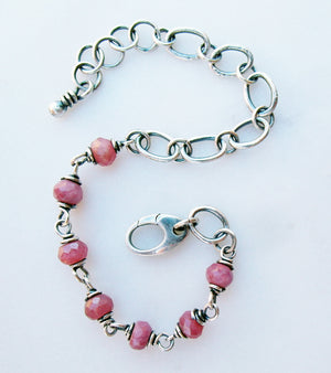 Pink Ruby Gemstone Bracelet. Fine Silver Handcrafted Chain. 