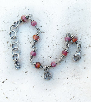 Ruby Pink Crush Bracelet. Inspire Peace. Rubies. Lampwork Glass. Fine Silver Chain. 83195