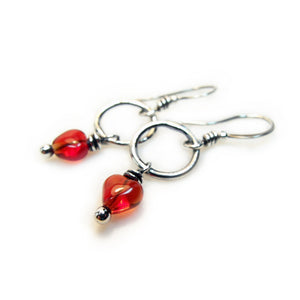 Red Hots Heart Earrings Fine Silver Hoops