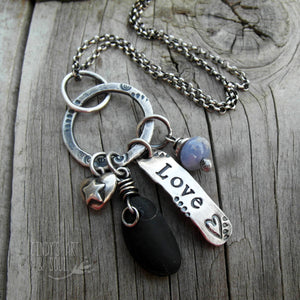 Silver River Rock Necklace with Purple Agate. Choose Love. Cindy's Art & Soul Jewelry