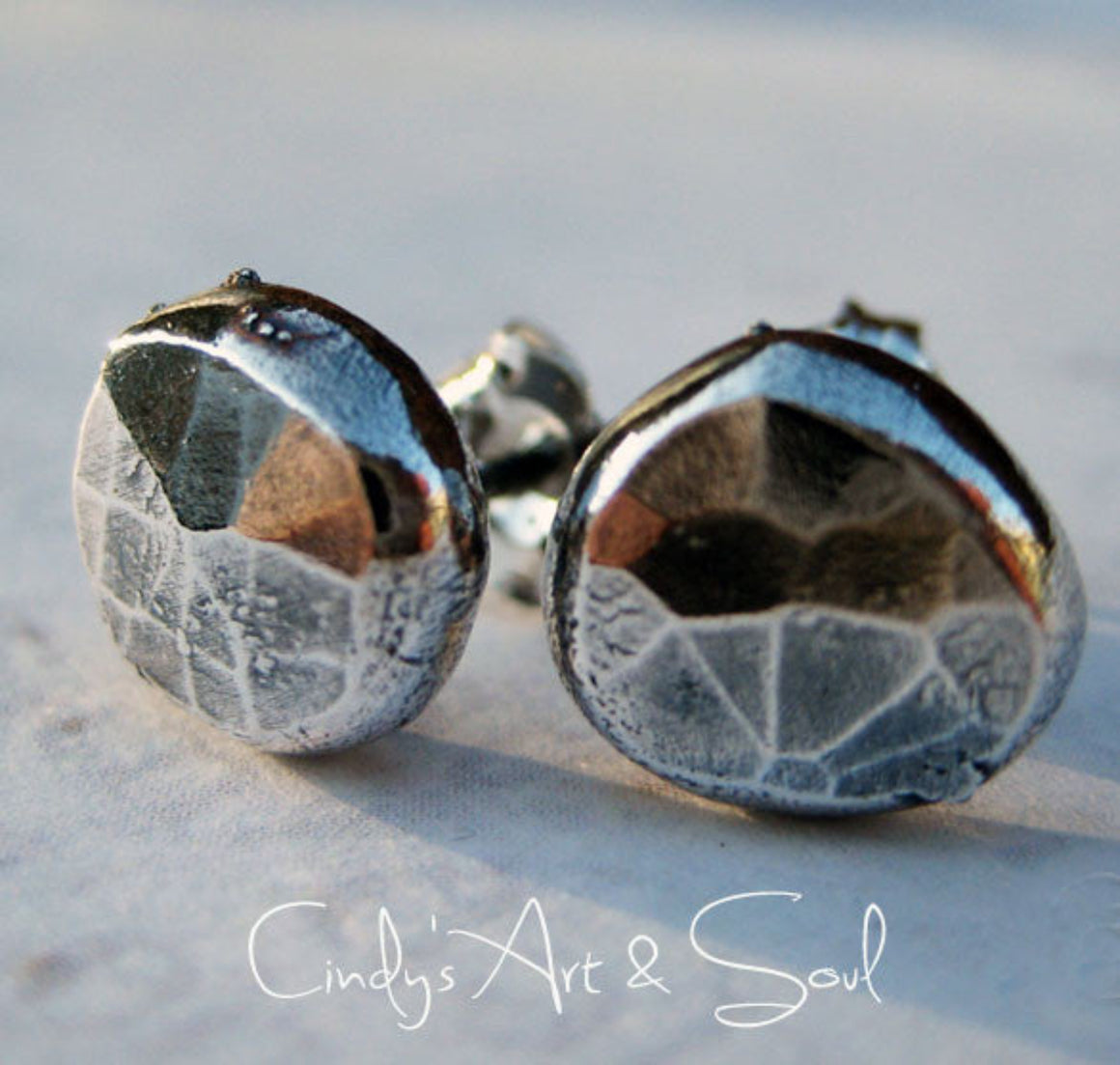 Hammered Pure Silver Post Earrings. Silver Nugget Posts. Cindys Art and Soul Jewelry.