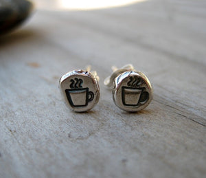 Coffee Cup Earrings Sterling Silver Post Coffee Mug Stud Raw Silver Handcrafted Earrings. Modern. Minimalist.